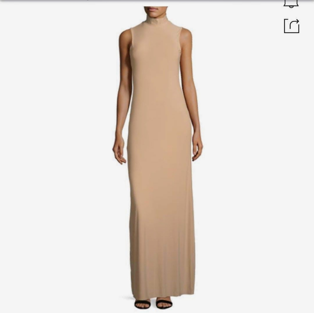 Lurelly "Issy" evening column gown. Mock turtleneck. Sleeveless. Keyhole back